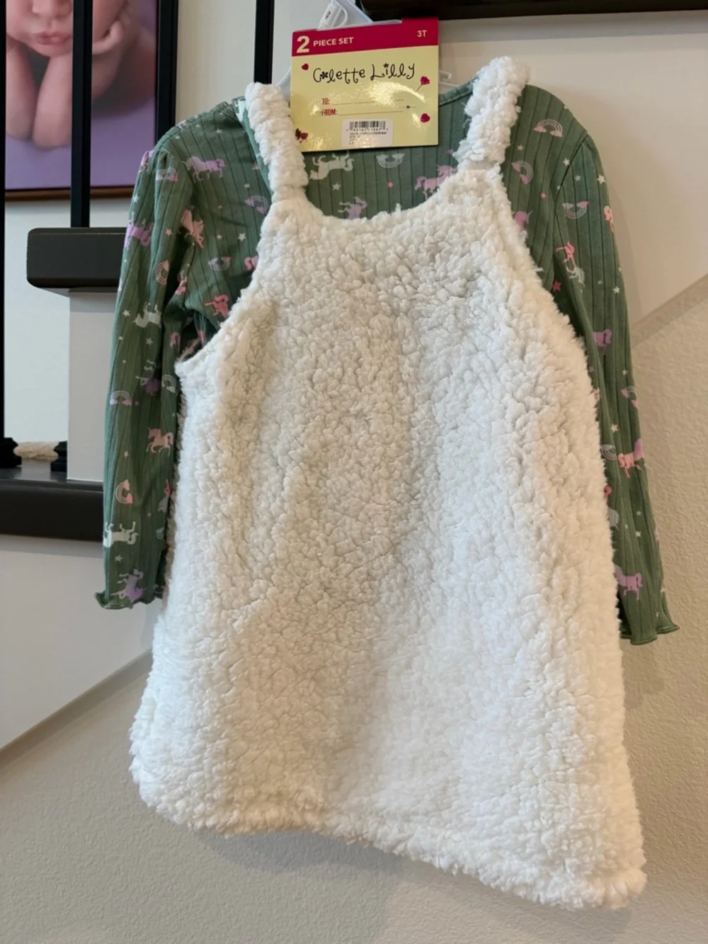 Colette Lilly Cream Sherpa Unicorn Pinafore with Green Unicorn Tee NWT